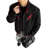 Chaqueta de cuero retro americana de bloques de color para hombre, marca de moda cleanfit de otoño con cuello alto y diseño tie-dye, prenda exterior elegante y genial