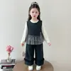 Traje de Chaleco de Malla con Botones Estilo Coreano para Niñas Primavera Otoño 2026 Nuevo Moda Infantil Conjunto Elegante de Dos Piezas para Niña Pequeña