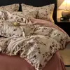 Juego de ropa de cama de cuatro piezas de algodón cepillado de grado A, grueso y cálido para otoño/invierno, 100% algodón puro, en estilo vintage, de color marrón oscuro, adecuado para dormitorios
