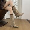 Botas de tacón de cuña con punta fina, estampado de leopardo, sexys, retro, estilo western cowboy, con hebilla de cinturón delgada, de media caña, para mujer