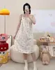 Verano Nuevo Algodón Nube Estilo Princesa Nuevo Estilo Chino Flor Tirantes Vestido de Largo Medio Ropa de Casa Pijama para Usar Afuera