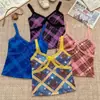 Top Regata Xadrez Color Block com Renda Estilo Retrô Y2K para Mulheres, Novo Estilo de Verão com Bojo, Top Redutor de Idade e Emagrecedor