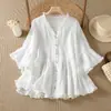 Camisa Top Jovem Estilo Fada Patchwork de Algodão e Linho com Babados Decote V Francês Caimento Solto Design de Verão