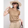 Camiseta de verano para mujer, estilo old money francés, con textura, hueca, de punto, manga corta, corte slim, cuello redondo, top fino de seda helada
