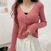 2023 Otoño/Invierno Nueva Ropa de Mujer Coreana Color Sólido Básico Joker Base Top Delgado Cuello en V Cárdigan de Punto de Manga Larga