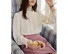 Camisa doce estilo francês com gola alta franzida e design de painel curvo