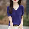 Estilo Novo de Verão Padrão Ondulado Algodão Puro Manga Curta Roupa Feminina, Simples e Estiloso Estilo Coreano Blusa de Tricô Solta Gola V