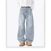 Jeans Scimitar Azul Vintage Lavado Estilo Americano Desconstruído para Homens, Calças Retas Largas Soltas Cool High Street