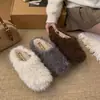 Pantuflas de medio zapato peludas de punta cerrada con suela gruesa para mujer 2026 Invierno Exterior Otoño/Invierno Cálidas Retro Birkenstock Pantuflas Esponjosas