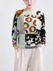 Camiseta de mujer texturizada estilo Miyake, de alta gama, cuello redondo, estampada, holgada, talla grande, manga murciélago, manga larga, jersey