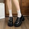 Fivela dupla com fundo grosso Mocassins de salto grosso para mulheres 2024 Inverno Novo Petite All-match Estilo britânico Pequenos sapatos de couro femininos