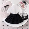 Conjunto de Verão Europeu e Americano Estilo College para Meninas, Camisa com Gola Lapela e Laço Preto, Saia Preta, Conjunto de Duas Peças