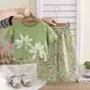 Conjunto Nuevo Estilo Verano 2026 Elegante para Niñas con Pantalón Largo Holgado Floral 3D y Top de Manga Corta