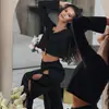 Conjunto de malha canelada para casa transfronteiriço da Amazon, top curto elástico com amarrações laterais, pijama de calça comprida, estilo europeu e americano