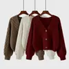 Suéter feminino de gola V, modelagem solta, estilo coreano, casaco casual para outono e inverno, nova jaqueta cardigã curta com toque vintage