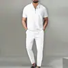 Conjunto de Pantalón Largo con Cremallera, Manga Corta, Cuello de Solapa, Tejido Waffle de Color Sólido para Hombre, Estilo Nuevo de Verano Europeo y Americano