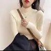Camiseta Básica de Cor Sólida Feminina Outono Inverno Nova Malha Simples de Alta Qualidade Roupa de Baixo Manga Longa Gola Alta Meio Top Preto
