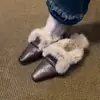 Versión de Piel de Vaca ~ Zapatos Peludos de Estilo Retro sin Cordones con Tacón Grueso para Usar al Aire Libre, Zapatos Mula, Zapatillas de Media Punta con Punta Cuadrada y Forro de Felpa