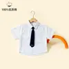 Camisa de algodão puro listrada azul claro de manga curta para meninos, design de gravata estilo college infantil, top de verão, camisa versátil versão coreana