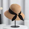 Nuevo Sombrero de Paja de Ala Ancha con Lazo de Verano para Mujer, Sombrero de Pescador para Protección Solar al Aire Libre, Sombrero de Vacaciones en la Playa que Hace que la Cara Parezca Más Pequeña