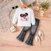 Conjunto de Roupas Outono e Inverno para Meninas Blusa de Manga Bufante Calça Jeans Wide Leg Conjunto Fábrica de Origem Comércio Exterior Mercadorias Transfronteiriças Atacado