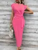 Vestido Largo Rayado de Cuello Redondo y Manga Corta con Cinturón Estilo Elegante Transfronterizo Vestido de Verano para Mujer