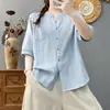 Camisa rayada de cuello en V pequeño con mangas de longitud media, Cárdigan de algodón puro abotonado de verano, Top suave y amigable con la piel, Camisa de manga corta con rayas verticales