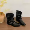 Botas de motocicleta, botas versátiles, botas de hebilla para mujer, botines de tacón grueso, diseño elegante y simple, plisadas, estilo retro, a la moda