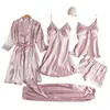 Comercio Exterior Pijamas de Primavera y Verano para Mujer Sexy Conjunto de Cinco Piezas Ropa de Casa Delgada con Almohadilla en el Pecho Camisón de Tirantes Camisón para Mujer