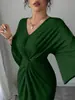 Vestido Sexy para Mujer de Estilo Europeo y Americano con Cuello en V, Ajuste Ceñido, Mangas Murciélago Elegantes, Diseño de Giro Francés, Vestido con Abertura