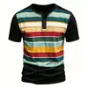 Camisa Henley de Rayas para Hombre Verano Casual Camiseta con Botones Moda Holgada Manga Corta Ropa de Hombre