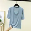 Camiseta Modal Nova Patchwork Gola V Manga Cinco Pontas Feminina Verão Tamanho Grande Elástica Camada Base Solta Casual
