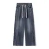 Calça Jeans Vintage Lavada com Retalhos em Três Lados, Cintura Elástica Reta Solta, Novo Estilo Outono 2026