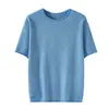 Top de punto para mujer de primera línea listo para usar, dobladillo enrollado, cuello redondo, manga corta, color liso simple, corte ajustado, versátil, transpirable, top para ir al trabajo