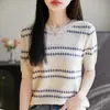 Camiseta de Manga Corta a Rayas para Mujer Verano 2025 Nueva Moda Cuello Redondo Crochet Tejido Hueco Manga Media Superior Delgado