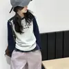 Conjunto de Camiseta para Niñas Primavera y Otoño 2026 Nuevo Color Bloqueado Estampado Camiseta Básica y Pantalón de Chándal Conjunto de Dos Piezas para Niños Mayores Ropa Casual