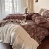 Conjunto de Quatro Peças com Renda Bordada Estilo Retro Francês Lençol de Cama Macio Lavado Lençol com Elástico Algodão Linho Algodão Puro Textura 100% Algodão