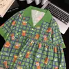 Pijama navideño de oso a cuadros verdes de moda para mujer, conjunto de dos piezas para el hogar con cárdigan de manga corta y cuello vuelto