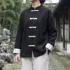 Camisa casual com gola alta, camisa masculina estilo terno Tang de manga comprida com botões de nó chinês, adequada para primavera e outono, design retrô estilo chinês, tamanho grande, estilo casal