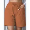 2025 Verão Novo Europeu e Americano Transfronteiriço Shorts Casuais de Linho Soltos com Bolso Cor Sólida Tamanho Grande Cintura Alta Calça de Perna Larga para Mulheres