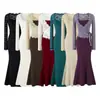 26 Estilo Otoño Versión Coreana Ajustado Encaje Hueco Encaje Cruzado Atado Manga Larga Camiseta Cardigan + Vestido Camisola Conjunto