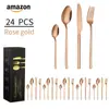 Amazon Cabellero Transfronterizo Hotel Estilo Occidental Cuchillo, Tenedor y Cuchara para Bistec 24 Piezas Acero Inoxidable Chapado en Oro Juego de Cubiertos de Mesa