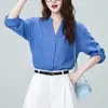Llegada Nueva Otoño 2026 Estilo Old Money Camisa de Manga Larga con Cuello en V para Mujer Holgada Adelgazante Versátil Camisa Chaqueta Top para el Trabajo