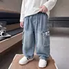 Pantalones Cargo de Mezclilla con Etiqueta para Niños de Primavera y Otoño Estilo Coreano Pantalones Casuales Sueltos Elegantes para Niños Pantalones para Bebé