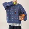Suéter pullover de malha jacquard redondo fresco estilo coreano outono e inverno para mulheres, modelagem solta, emagrecedor, doce, com estampa floral