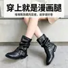 Botas Vaqueras de Mujer 2026 Otoño Nuevas Botas Retro Piel Merade Hebilla Tacón Grueso Fruncidas Apiladas Botines