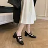 Sapatos Mary Jane Femininos Retro de Uma Tira com Bico Quadrado, Solado Macio, Couro Genuíno, Salto Bloco, Laço