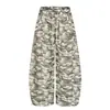 Calças cargo camufladas com cordão estilo retrô americano para mulheres, hip-hop de rua, corte solto, novas calças versáteis de perna larga, casuais, esportivas, para paraquedistas