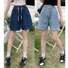Foto Real de Shorts de Mezclilla de Verano con Cordón de Cintura Alta, Estilo Dulce y Fresco para Mujer, Corte Holgado, Diseño Adelgazante, Pierna Recta de Longitud Media, Shorts de Moda