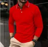 Camisa Polo Masculina 2025 Primavera e Outono Manga Longa Nova Estampada em 3D Cor Sólida Confortável Respirável Polo para Uso Externo